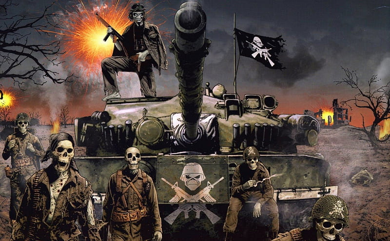 dead army, guns, tank, ruins, explosions, trees, skeletons, flag, HD wallpaper