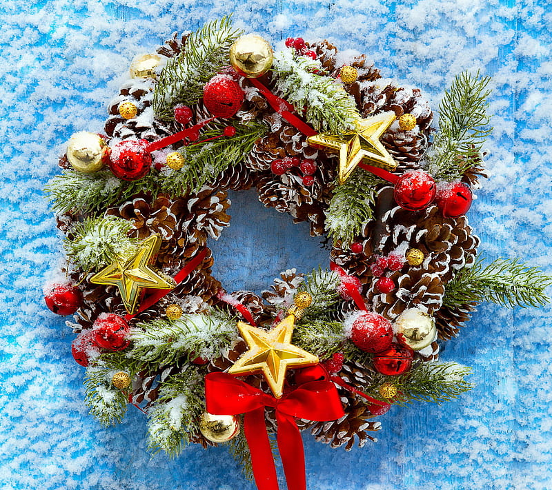 Christmas Wreath, decoration, merry, new year, snow, winter, HD wallpaper