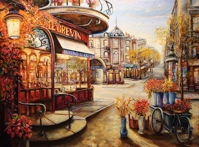Streets of Paris, restaurant, flowers, stairs, trees, artwork, HD wallpaper