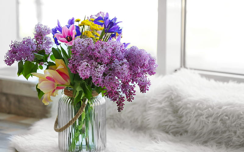 lilac, spring bouquet, tulips, vase with flowers, spring floral decoration, HD wallpaper