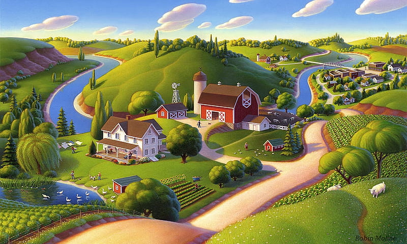 Life on a Farm, scenic, house, Farm, firlds, Hills, Paintings, crops, Barn, vib, Green, HD wallpaper