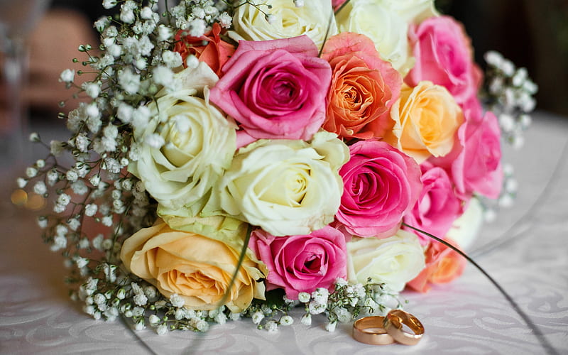 wedding concepts, bridal bouquet, white roses, wedding gold rings, pink roses, wedding bouquet, HD wallpaper