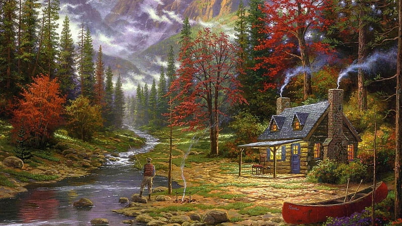 great fishing spot, painting, river, cabin, gorgeous, HD wallpaper