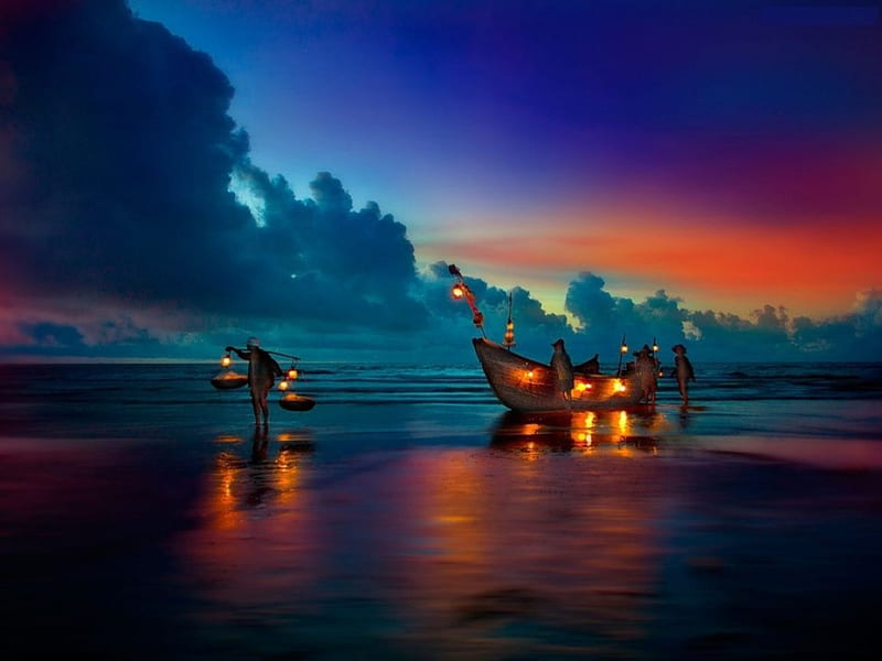 Boat Landing, people, fishermen, sunset, clouds, artwork, sea, light, HD wallpaper