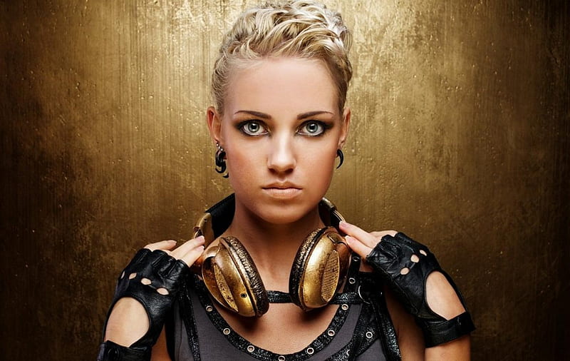 Gold Headphones, blonde, models, woman, people, HD wallpaper