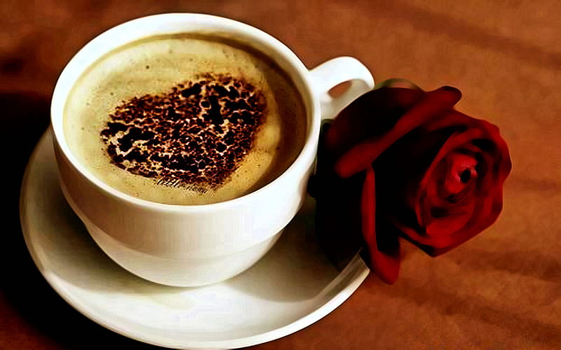 Romantic morning, coffee, romantic, rose, love, heart, flower, cup, morning, HD wallpaper