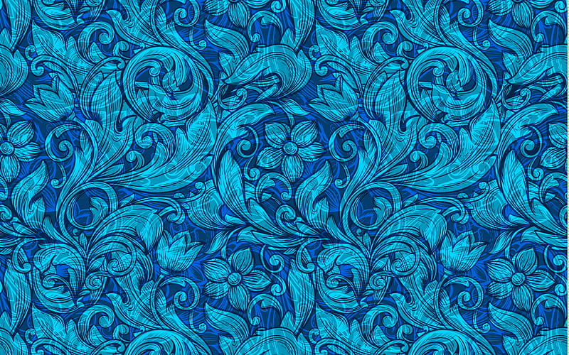blue floral pattern texture, floral ornaments texture, blue floral background, blue leaves ornament, retro blue texture, blue flowers texture, HD wallpaper