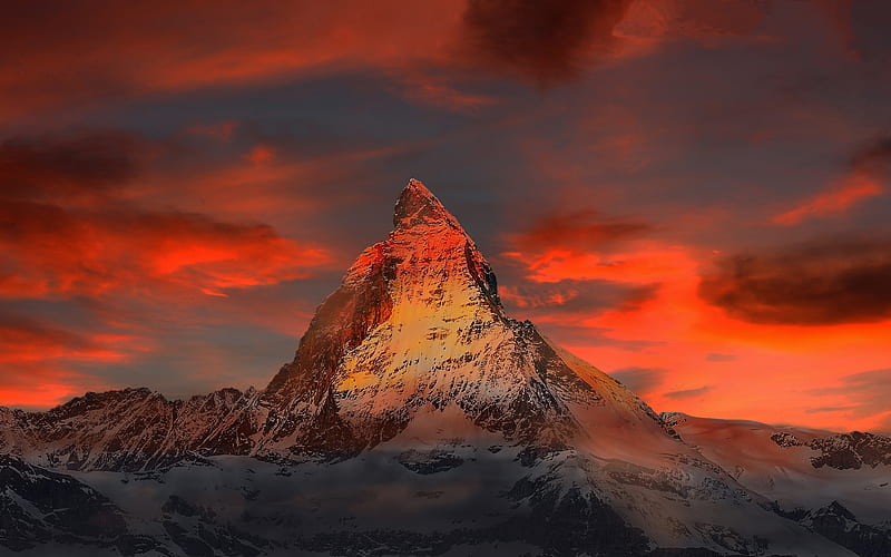Matterhorn, mountain peak, winter, sunset, mountains, Alps, Switzerland, Europe, HD wallpaper