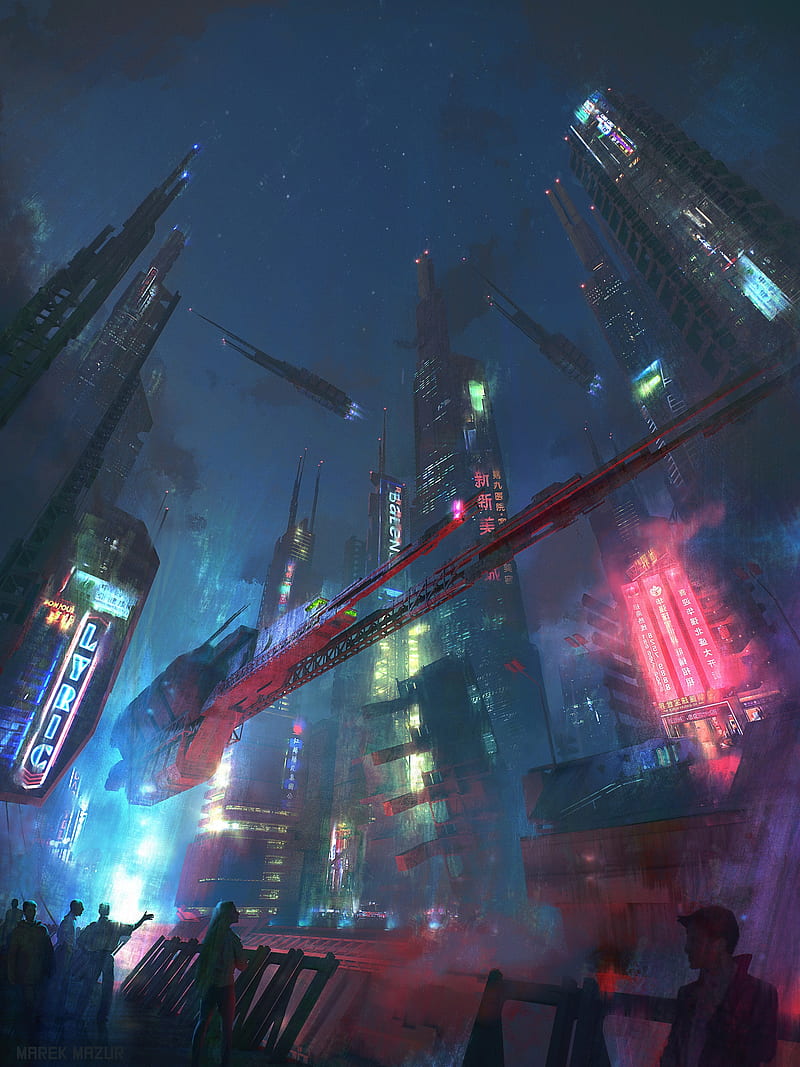 futuristic cyperpunk city, skyscrapers, concept art, night, lights, Fantasy, HD phone wallpaper