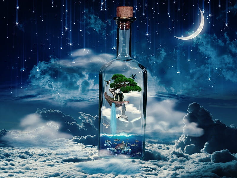 Dream Bottle, starfall, cloud, fish, bottle, sky, clouds, sea, tree, moon, water, bird, waterfall, dream, castle, star, HD wallpaper