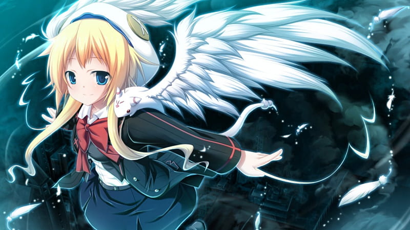 Angel, blond, wing, anime, feather, hot, anime girl, long hair, female ...