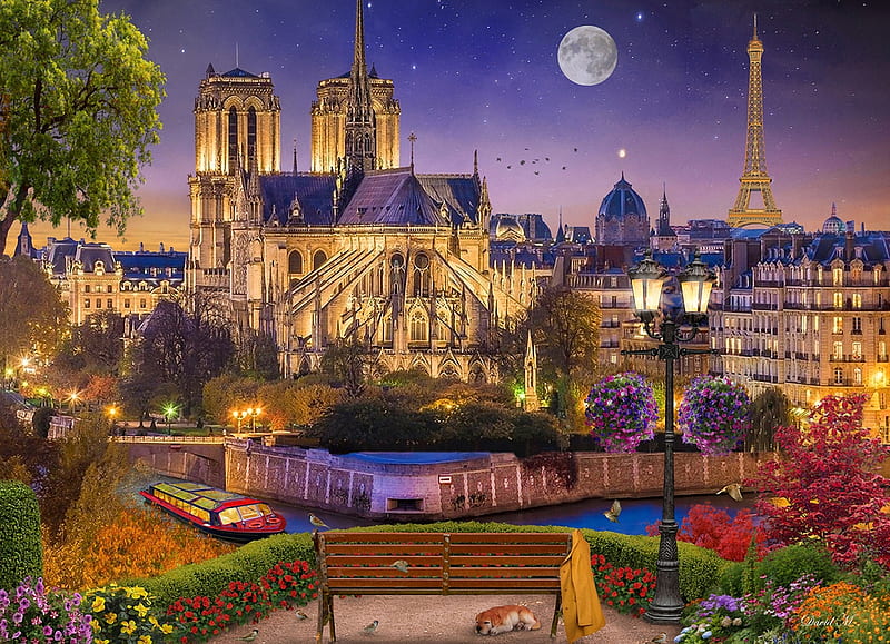 Notre Dame Night, city, moon, france, eiffel tower, houses, paris, church, artwork, digital, HD wallpaper