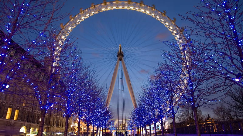 London Eye Twilight, holiday lights, cityscapes, nature, twilight, HD wallpaper