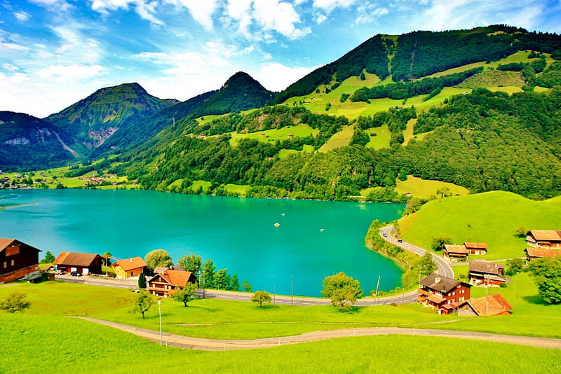 Swiss lake, eflection, shore, grass, Switzerland, clouds, que, mountain,  countryside, HD wallpaper | Peakpx