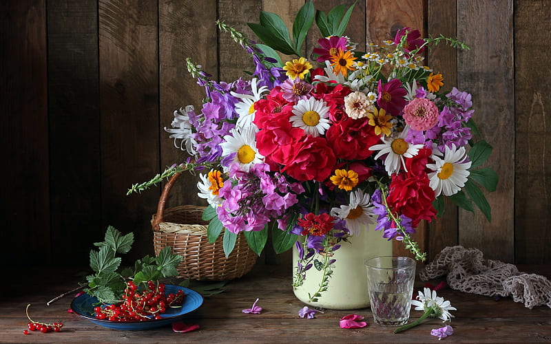 Still life with flowers, Flowers, Autumn, Bouquet, Berries, HD wallpaper