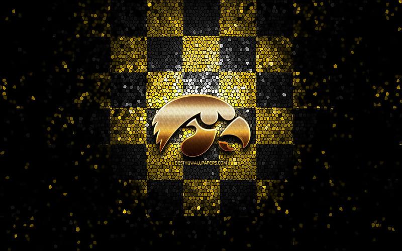 Iowa Hawkeyes, glitter logo, NCAA, yellow black checkered background, USA, american football team, Iowa Hawkeyes logo, mosaic art, american football, America, HD wallpaper