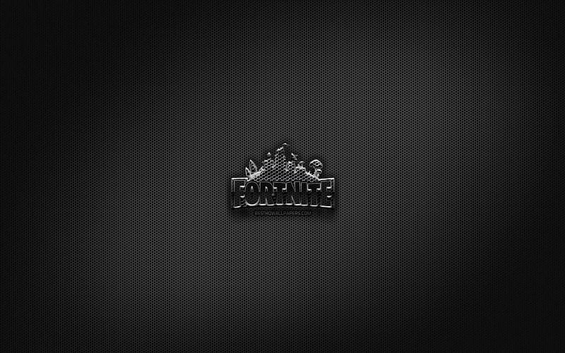 Fortnite black logo, creative, metal grid background, Fortnite logo, games brands, Fortnite, HD wallpaper