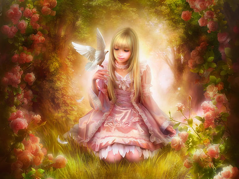 Cute girl sitting in the forest, forest, bird, girl, anime, flowers, HD wallpaper