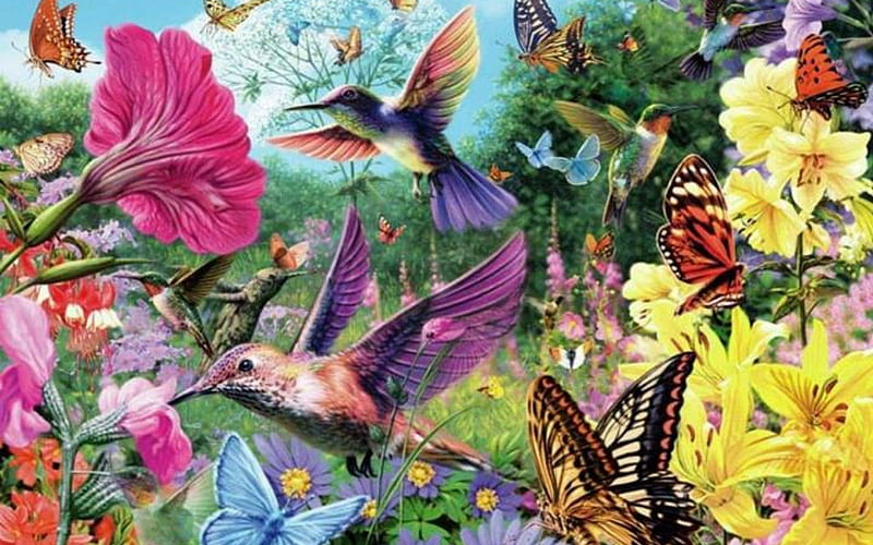 Amazing Springtime, hummingbirds, birds, flowers, colors, nature, bonito, spring, butterflies, HD wallpaper