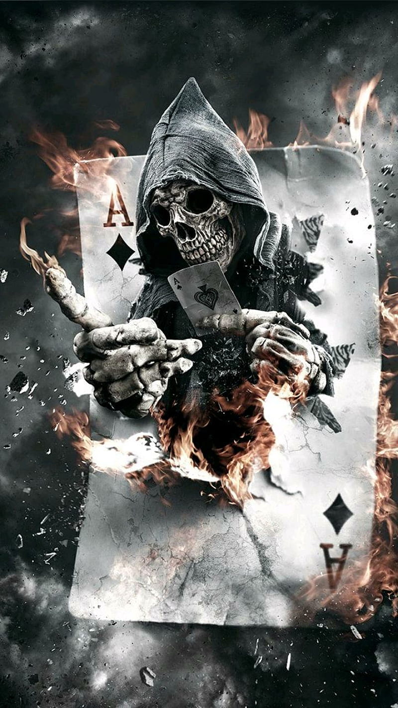calavera cartas, esqueleto, fire, full , ultra, HD phone wallpaper