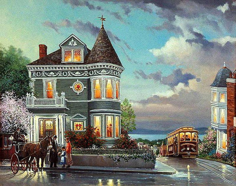 Cable Car, tram, house, people, painting, artwor, horse, clouds, San Francisco, HD wallpaper