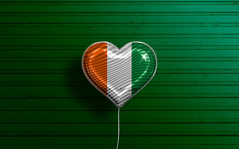 I Love Cote d Ivoire realistic balloons, green wooden background, African countries, Ivorian flag heart, favorite countries, flag of Cote d Ivoire, balloon with flag, Ivorian flag, Cote d Ivoire, Love Cote d Ivoire, HD wallpaper