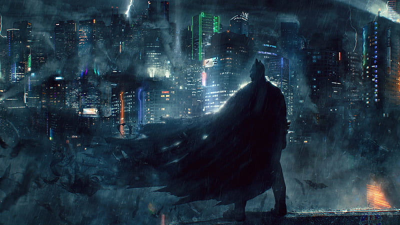 Batman Watching Gotham, batman, superheroes, digital-art, artwork, HD wallpaper