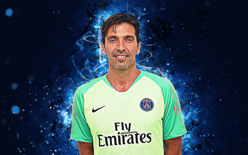 Gianluigi Buffon abstract art, goalkeeper, PSG, football stars, Ligue 1, Paris Saint-Germain, Buffon, footballers, neon lights, soccer, FC PSG, creative, HD wallpaper