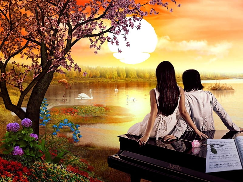 Watching the sunset, warm, sunset, lake, water, love, summer, flowers, nature, couple, HD wallpaper