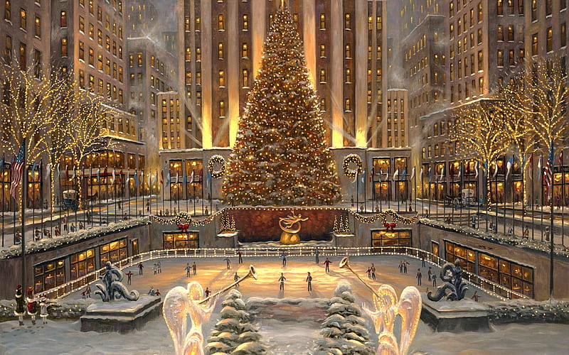 Christmas at Rockefeller Center N.Y., crystal angels, christmas, bonito, rockefeller centre, lights, elegant, luxury, HD wallpaper