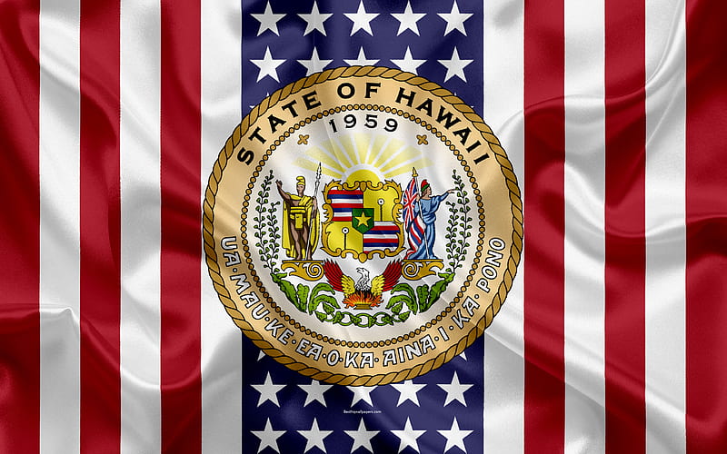 Hawaii, USA American state, Seal of Hawaii, silk texture, US states, emblem, states seal, American flag, HD wallpaper