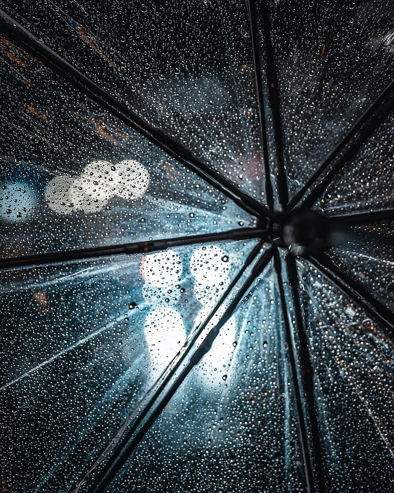 Closeup of transparent umbrella with drops from rain and reflected night lights of city, HD phone wallpaper