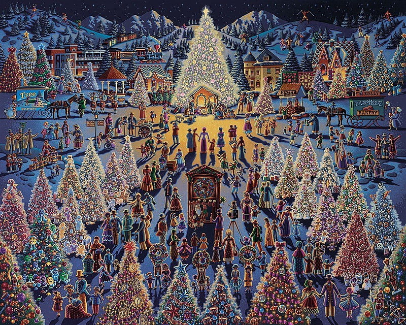 Christmas, art, tree, craciun, painting, eric dowdle, pictura, blue, HD wallpaper
