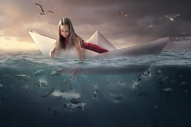 graphy, Manipulation, Fish, Girl, Ocean, Paper Boat, Seagull, Underwater, HD wallpaper