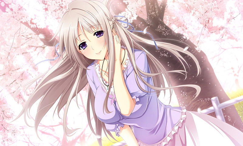 Midori Makabe, sakura, wind, cherry blossoms, hatsukoi, purple, anime, nature, anime girl, pink, HD wallpaper