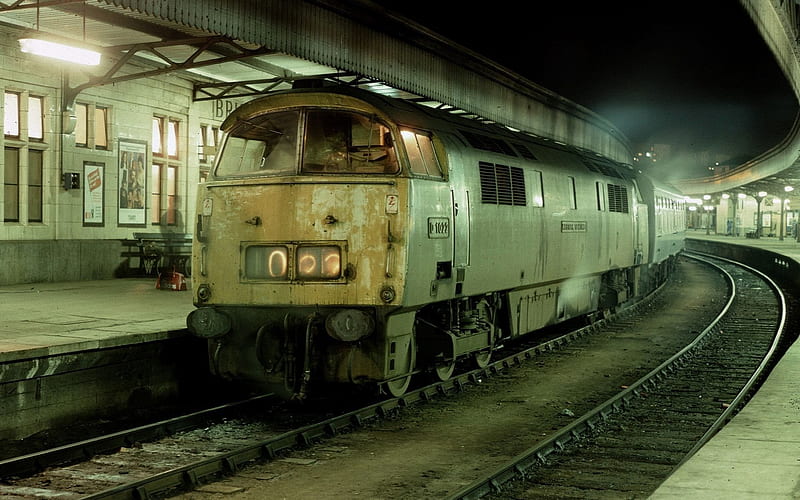 railroad, station, night, old locomotive, HD wallpaper