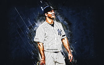 Mike Tauchman, MLB, New York Yankees, blue stone background, baseball ...