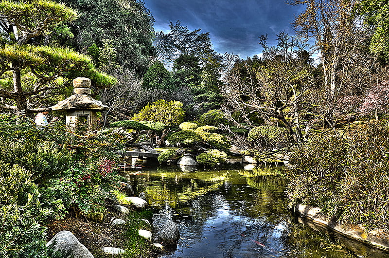 Japanese Garden, rocks, japan, vegetation, garden, trees, shrubs, sky, landscape, HD wallpaper