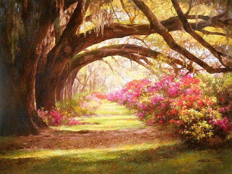 Azaleas, pintura, flores, jardín, naturaleza, Fondo de pantalla HD | Peakpx