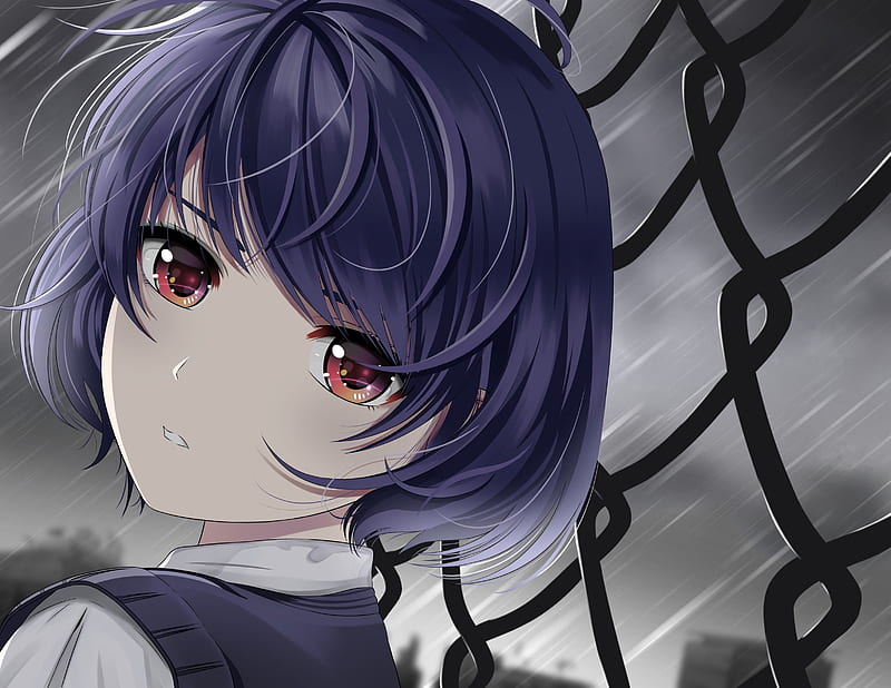 tachibana rui, domestic na kanojo, short hair, raining, fence, red eyes, Anime, HD wallpaper