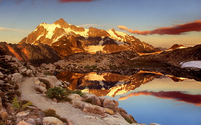 trail around a lake to a mountain, mountain, rocks, trail, sunrise, lake, HD wallpaper