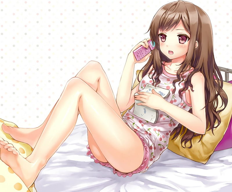 Momoko, Girl, pajamas, phone, brown hair, HD wallpaper