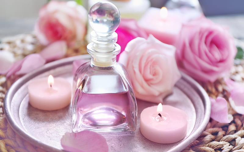 Feminine delicacy, oil, rose, the spa, petals, pink, pink roses, wood, candles, HD wallpaper