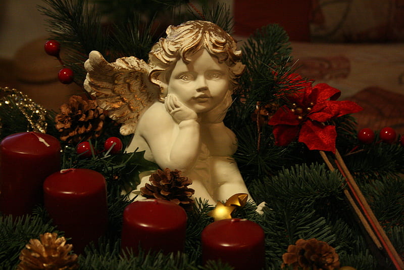 Angel, red, pine, figure, advent arrangement, bonito, poinsettia, candles, HD wallpaper