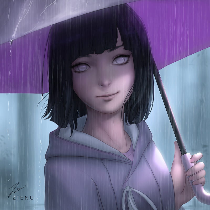 hyuuga hinata, naruto, boruto, raining, short hair, byakugan, umbrella, Anime, HD phone wallpaper
