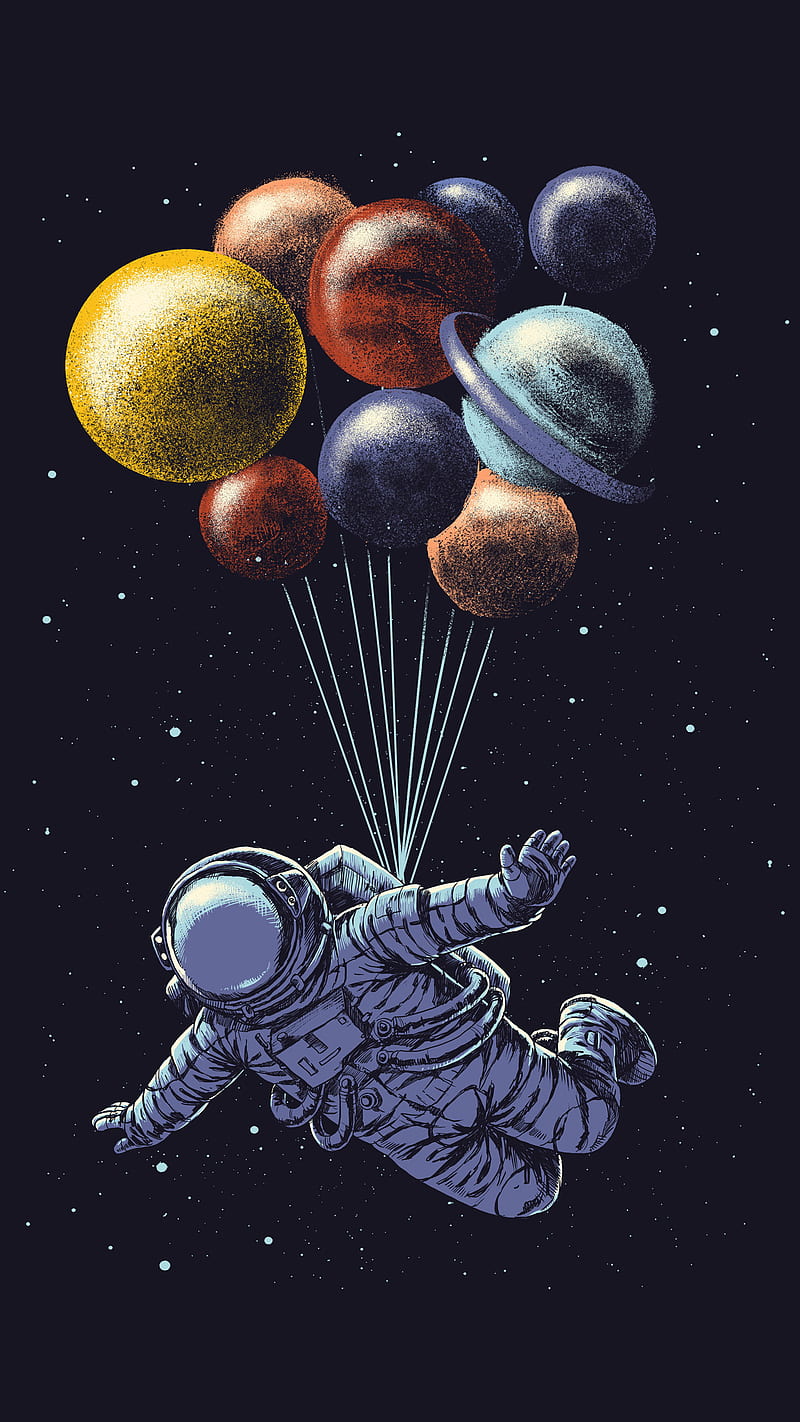 Space Travel, Digital, Space, astronaut, balloons, desenho, fantasy, humor, illustration, planets, HD phone wallpaper