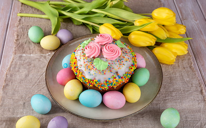 Easter cake, flower, easter, pastel, tulip, colorful, cake, food, pasti, sweet, dessert, egg, HD wallpaper
