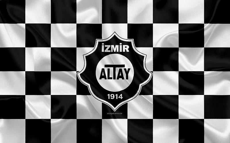 Altay SK logo, creative art, black and white checkered flag, Turkish football club, Turkish 1 Lig, emblem, silk texture, Izmir, Turkey, football, Altay Izmir FC, HD wallpaper