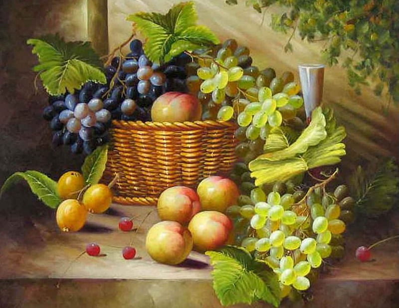 fruitful, fruit, table, grapes, basket, cherries, vines, HD wallpaper