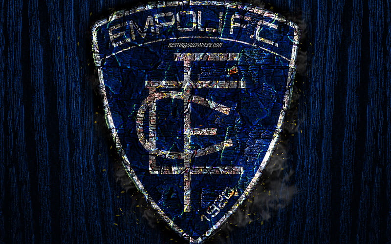 Empoli FC, scorched logo, Serie A, blue wooden background, italian football club, Empoli Football Club, grunge, football, soccer, Empoli logo, fire texture, Italy, HD wallpaper